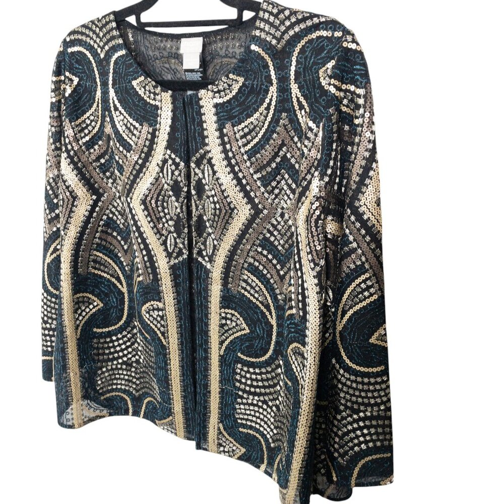 Chico's Sheer Open Jacket Travelers Collection Gold Black Geometric SZ L Sequin - Picture 4 of 11